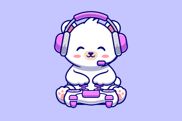 Cute Baby Polar Bear Gaming Cartoon for Graphics and Illustrations