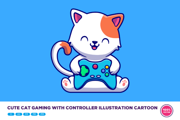 Cute Cat Gaming with Controller Cartoon Graphics and Illustrations Review