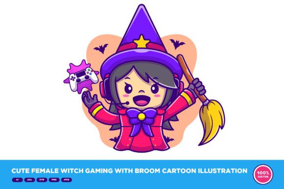 Cute Female Witch Gaming with Broom Graphics & Illustrations Review
