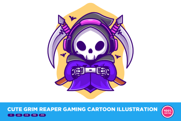 Cute Grim Reaper Gaming Cartoon: A Fresh Graphic Design Asset for Modern Illustrations