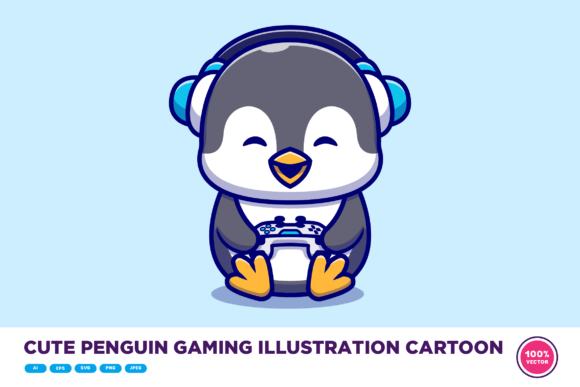 Cute Penguin Gaming Illustration Cartoon Graphics