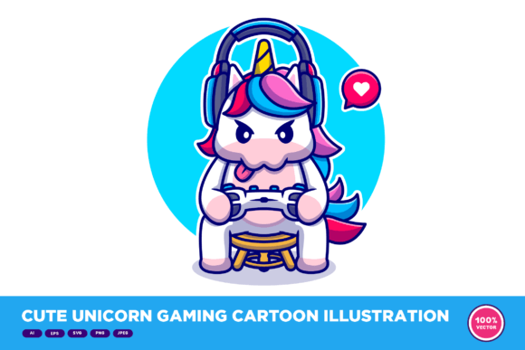 Cute Unicorn Gaming Cartoon Illustration for Graphics and Branding